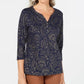 Karen Scott Women's Leaf Print 3/4 Sleeve Top Navy Size Petite Small