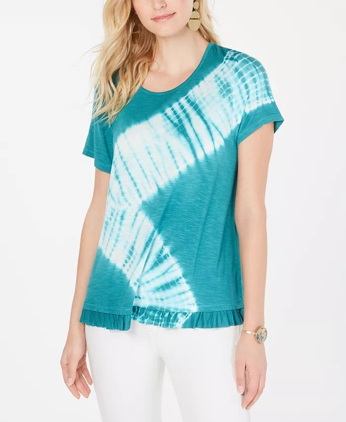 Style & Co Women's Tie-Dyed Ruffle-Hem Top Blue Size Extra Small