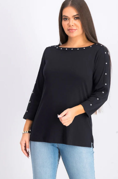 Karen Scott Women's Cotton Boat-Neck Studded Top  Black Size Medium