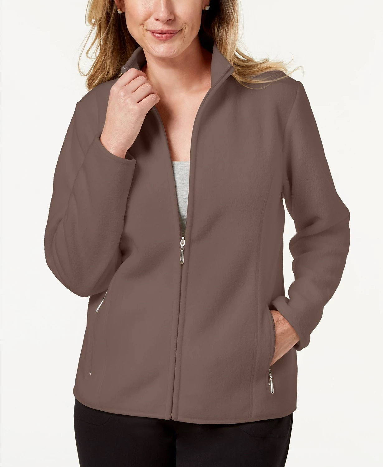 Karen Scott Women's Petite Zeroproof Fleece Jacket Brown Size Petite