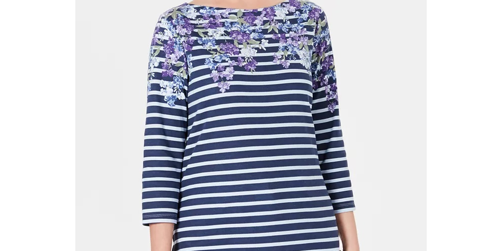 Karen Scott Women's Three Quarter Sleeve Printed Top Blue Size X-Large