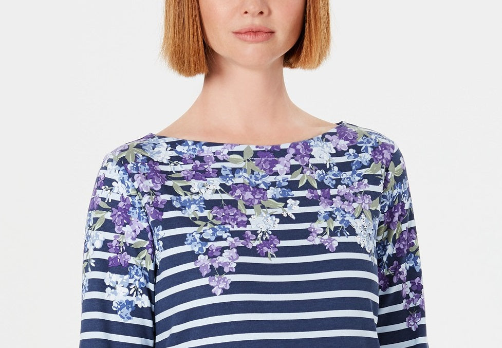 Karen Scott Women's Three-Quarter-Sleeve Printed Top Blue Size X-Small