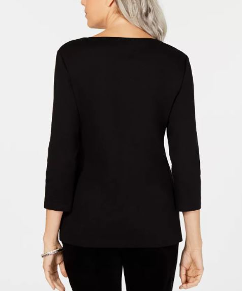 Karen Scott Women's 3/4 Sleeve Embellished Cotton Top Black Size Large