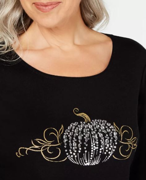 Karen Scott Women's 3/4 Sleeve Embellished Cotton Top Black Size Large