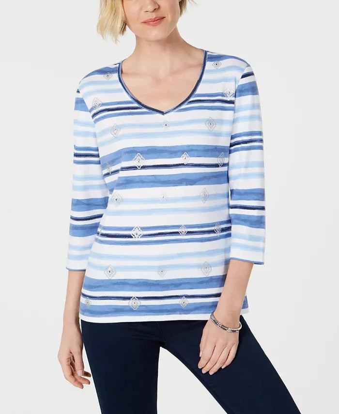 Karen Scott Women's Striped V-Neck Top Blue Size X-Large