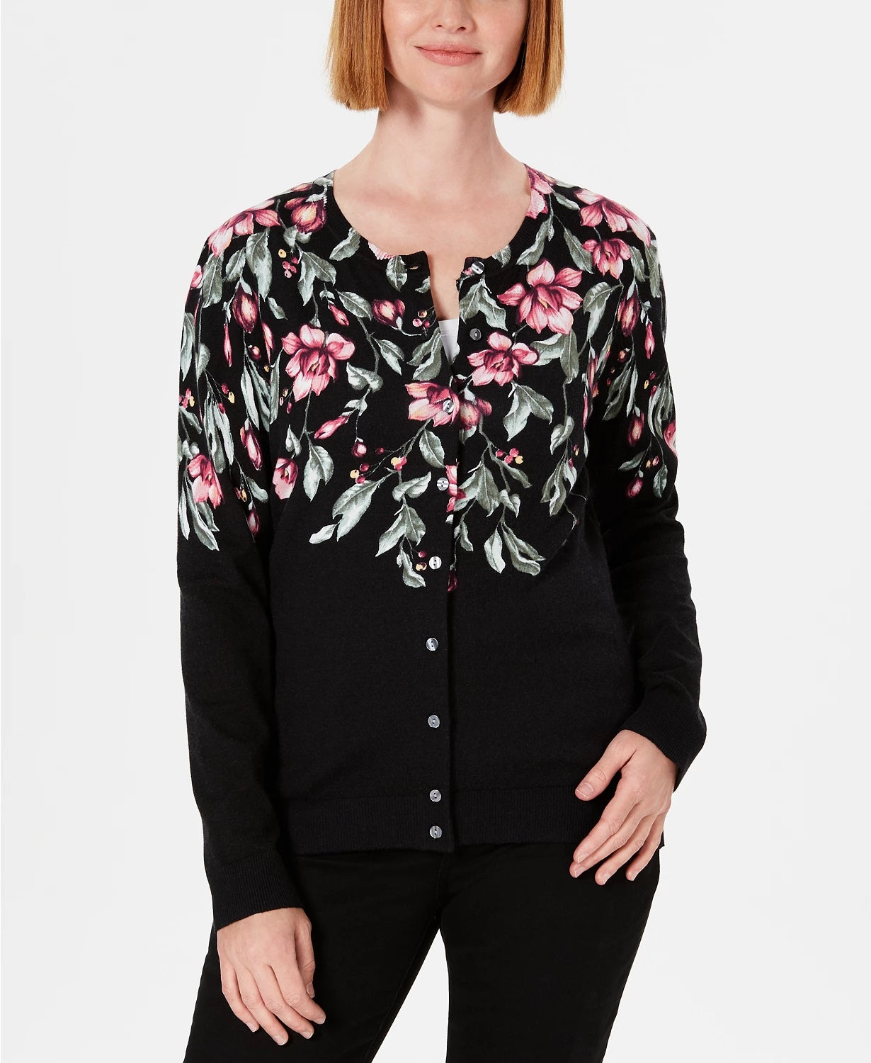 Karen Scott Women's Floral Print Cardigan Black Size Small