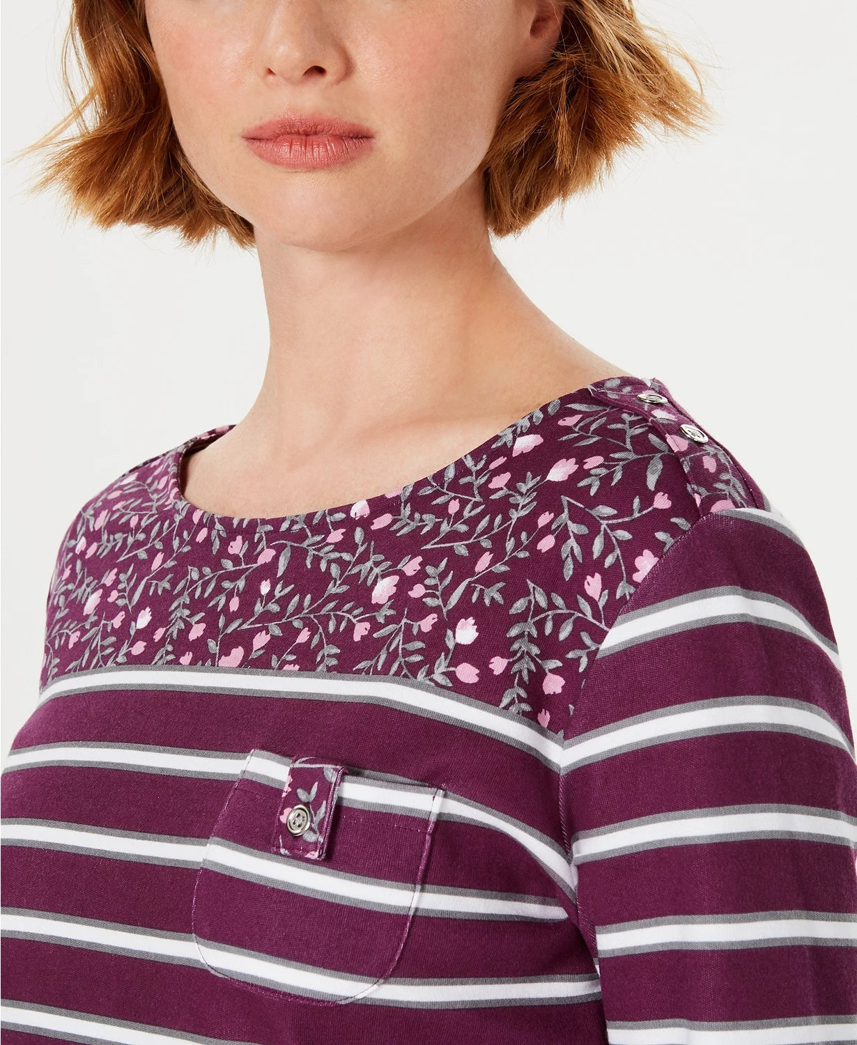 Karen Scott Women's Petite Ditsy Floral & Striped Pocket Top Red Size Medium