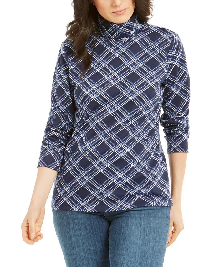 Karen Scott Women's Plaid Turtleneck Navy Size XX-Large