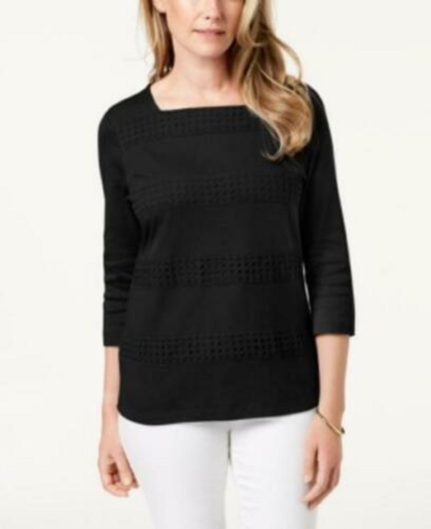 Karen Scott Women's Square-Neck Lace-Stripe Top Black Size Small