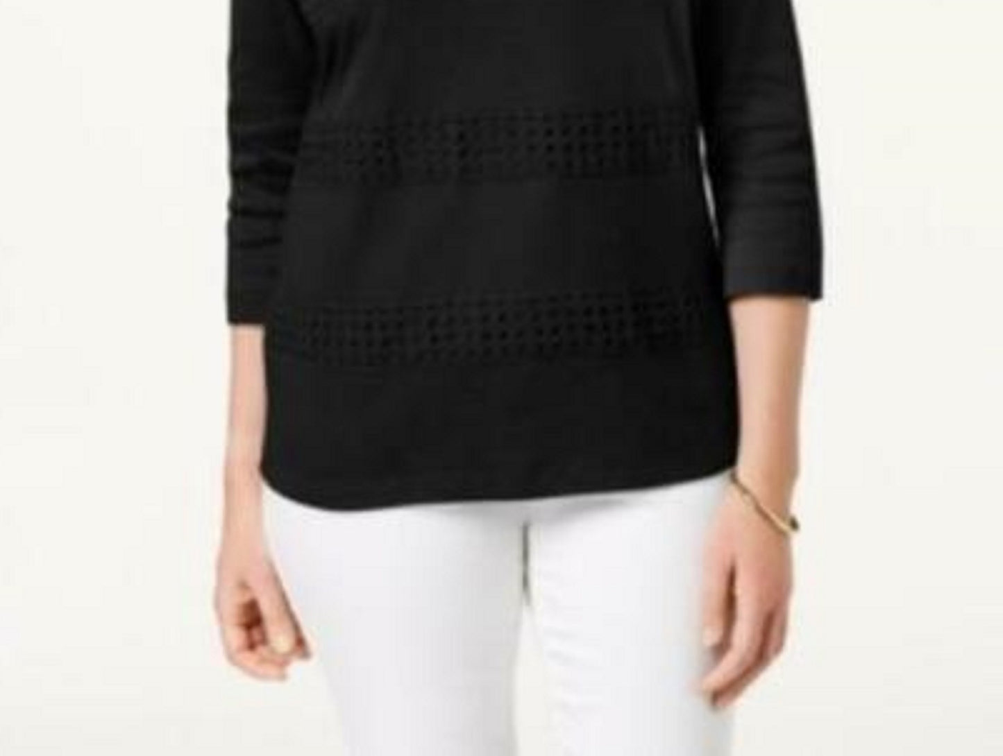 Karen Scott Women's Square-Neck Lace-Stripe Top Black Size Small