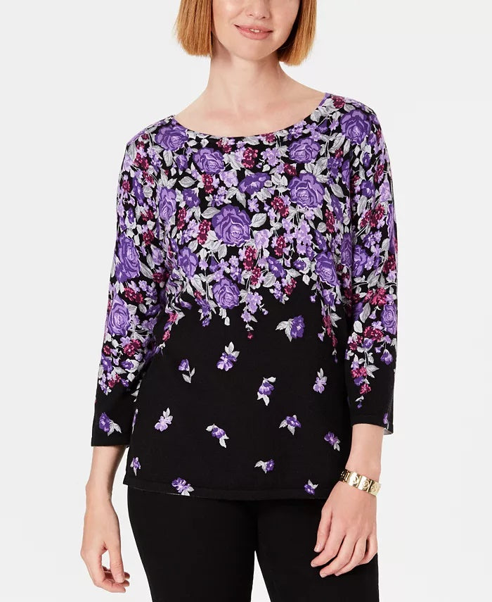 Karen Scott Women's Floral Print Sweater Black Size Medium
