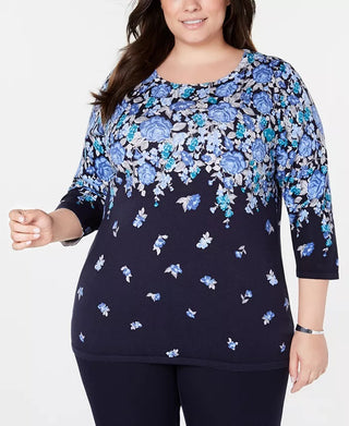 Karen Scott Women's Plus Size Floral-Print Sweater Navy Size 1X