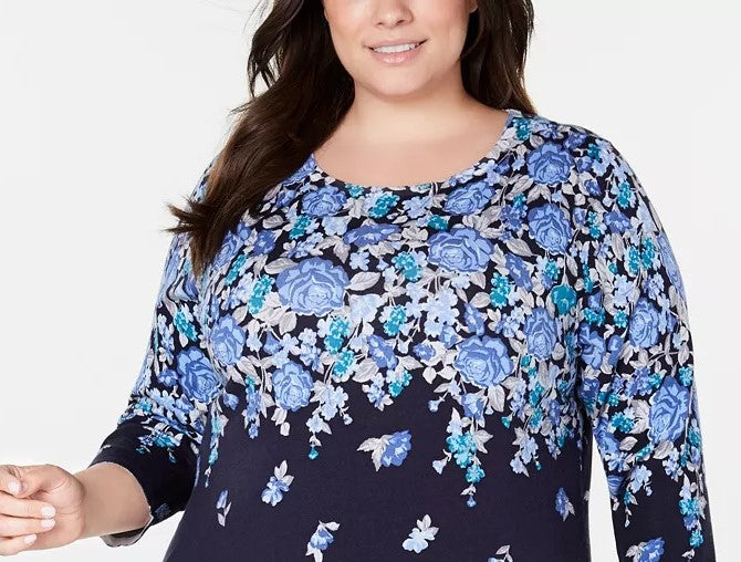 Karen Scott Women's Plus Size Floral-Print Sweater Navy Size 1X