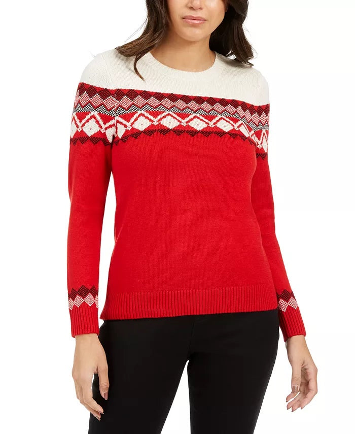 Charter Club Women's Colorblocked Fair Isle Sweater Medium Red Size Extra Large