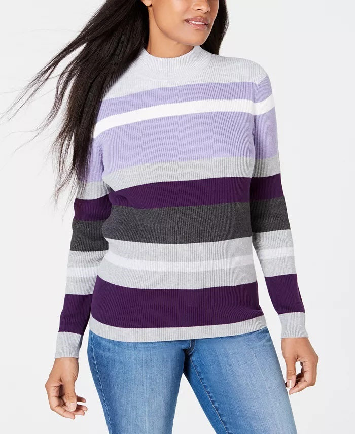 Karen Scott Women's Striped Mock-Neck Cotton Sweater Purple Size Large