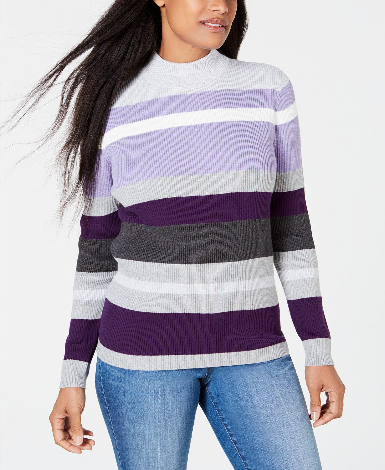 Karen Scott Women's Petite Cotton Striped Ribbed Sweater Purple Size Medium