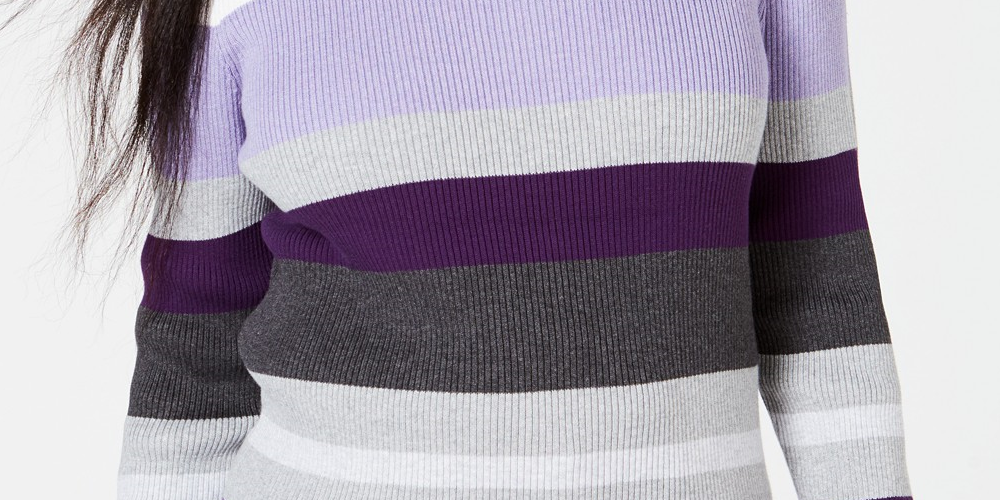 Karen Scott Women's Petite Cotton Striped Ribbed Sweater Medium Purple Size Petite Small