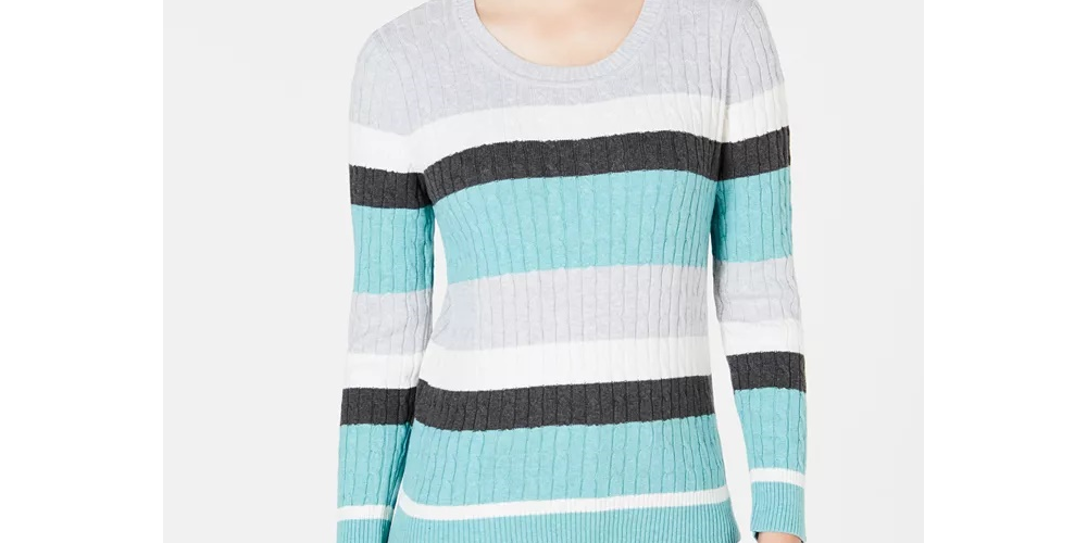 Karen Scott Women's Veronica Striped Cotton Cable Sweater Turq/Aqua Size Large