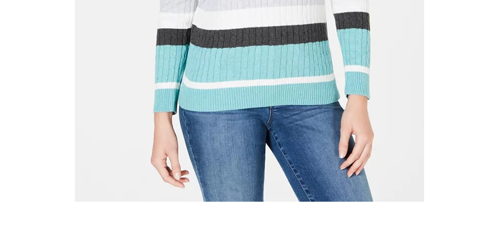 Karen Scott Women's Veronica Striped Cotton Cable Sweater Turq/Aqua Size Large