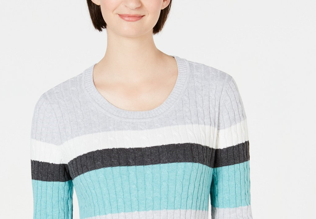 Karen Scott Women's Veronica Striped Cotton Cable Sweater Blue Size Small
