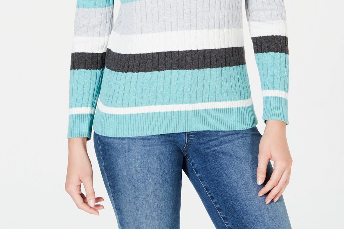 Karen Scott Women's Veronica Striped Cotton Cable Sweater Blue Size Small