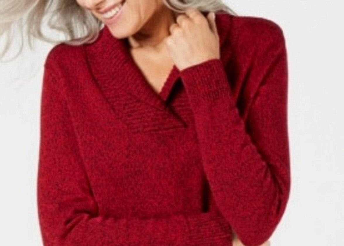 Karen Scott Women's Cotton Marled Shawl-Collar Sweater Bright Red Size Extra Small