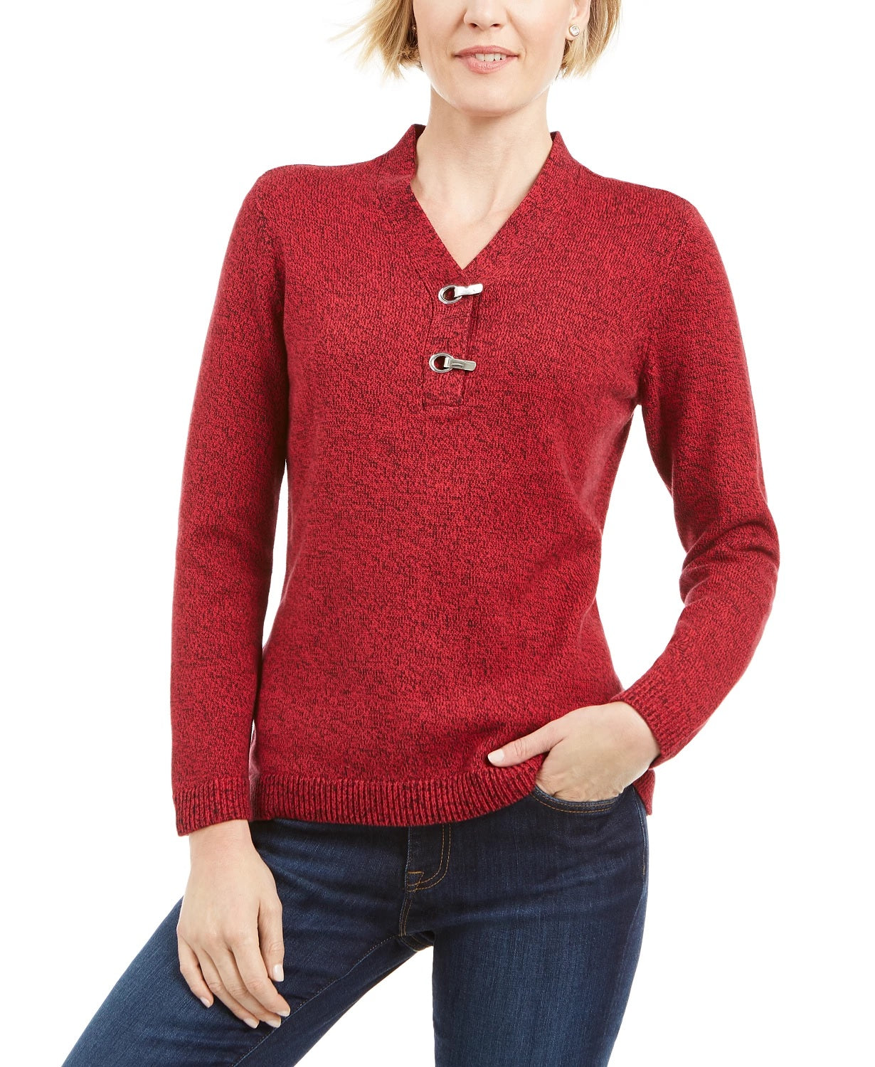 Karen Scott Women's Cotton Marled Henley Sweater Bright Red Size Large