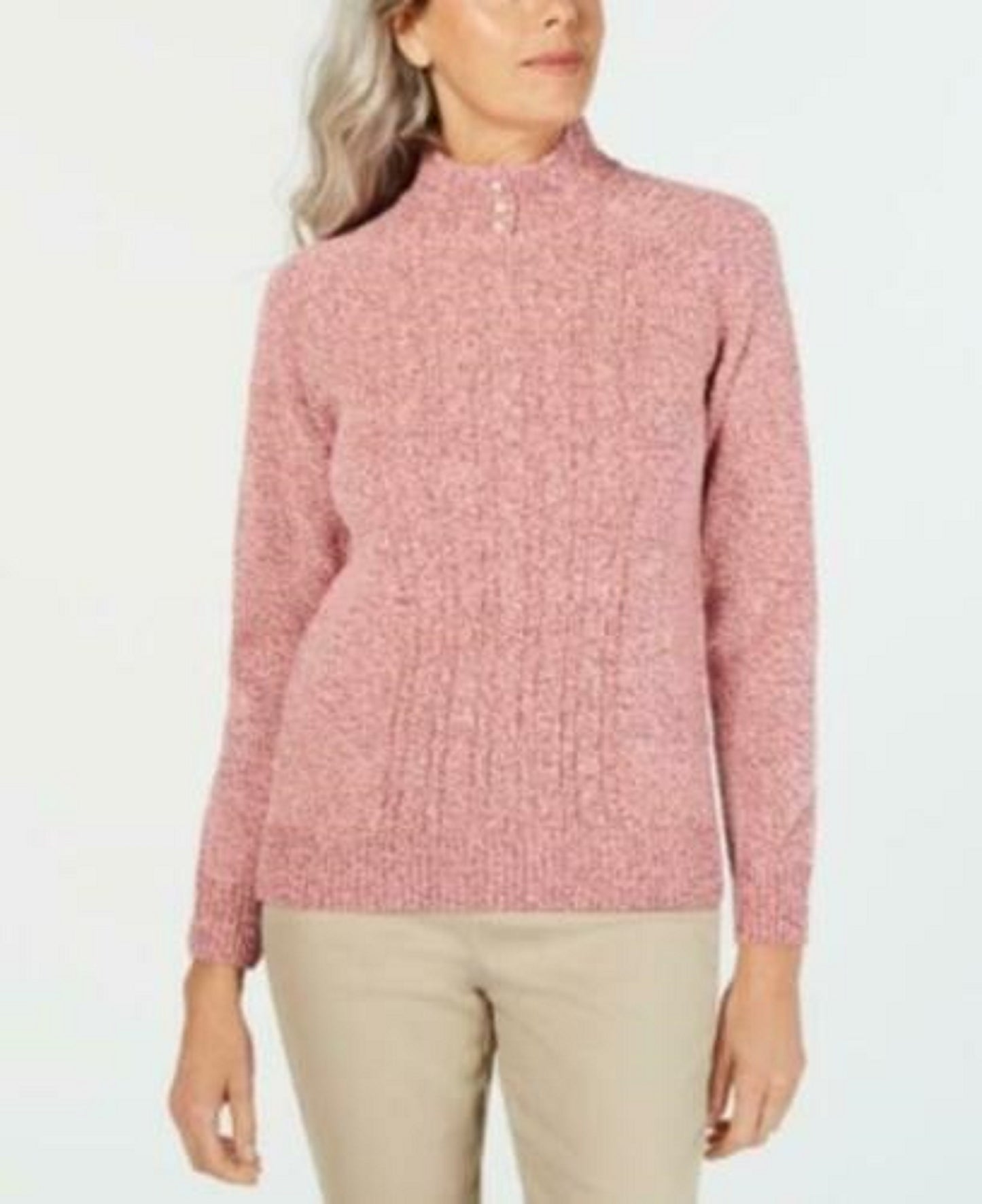 Karen Scott Women's Petite Mock-Neck Cable-Knit Sweater  Pink Size PM