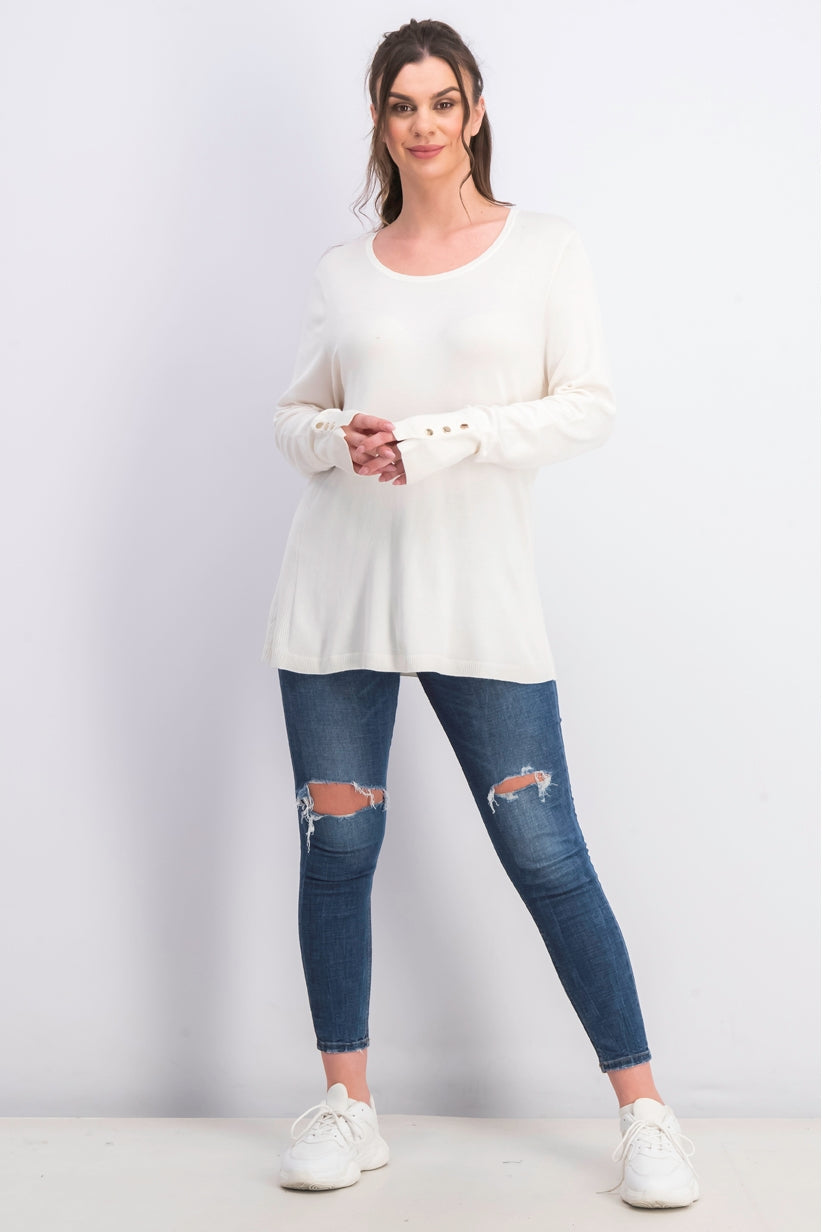 JM Women's Collection Button-Cuff Crewneck Sweater Natural Size Extra Large