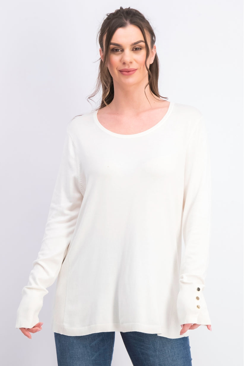 JM Women's Collection Button-Cuff Crewneck Sweater White Size XX Large