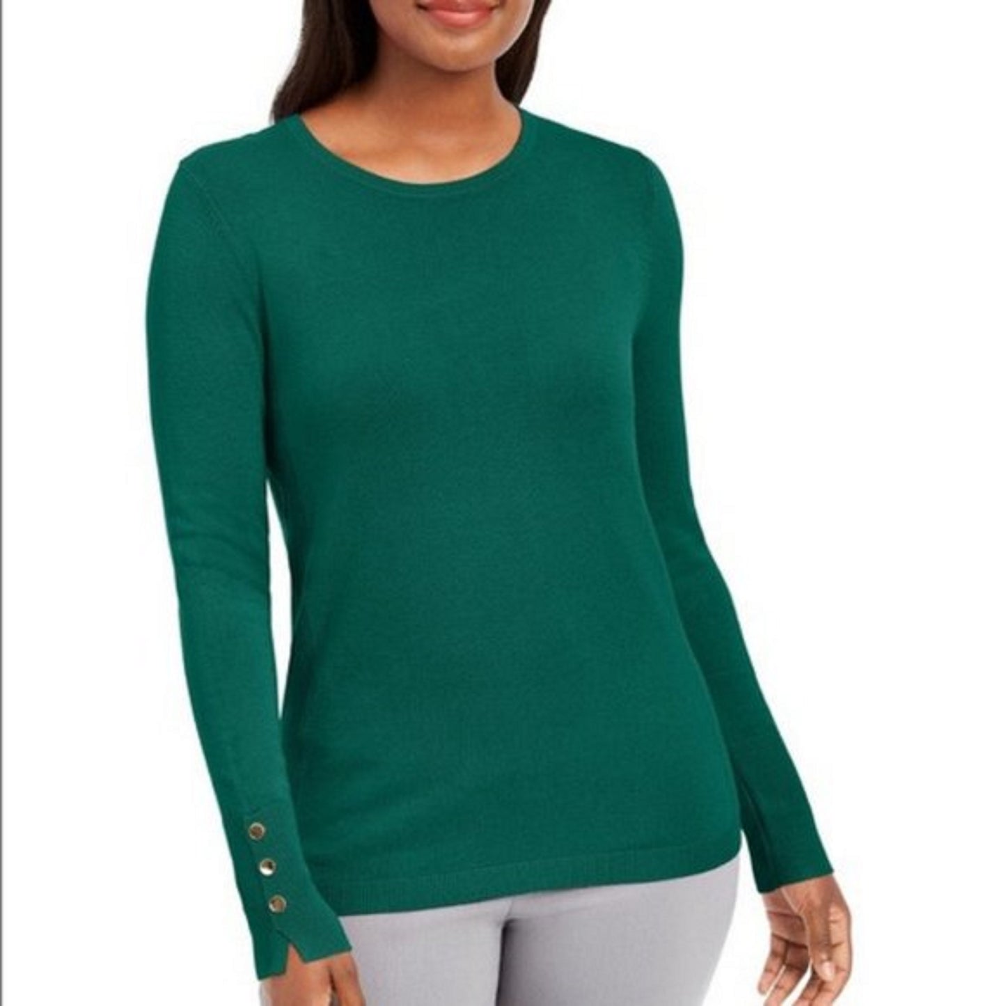 JM Collection Women's Petite Button-Cuff Crewneck Sweater Dark Green Size Petite Medium