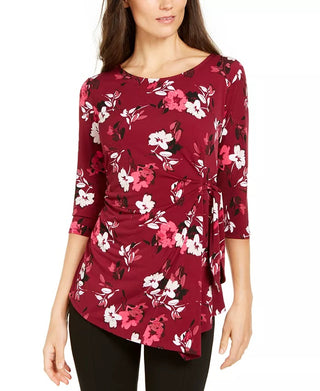 Alfani Women's Petite Printed Side-Tie Top Red Size Petite