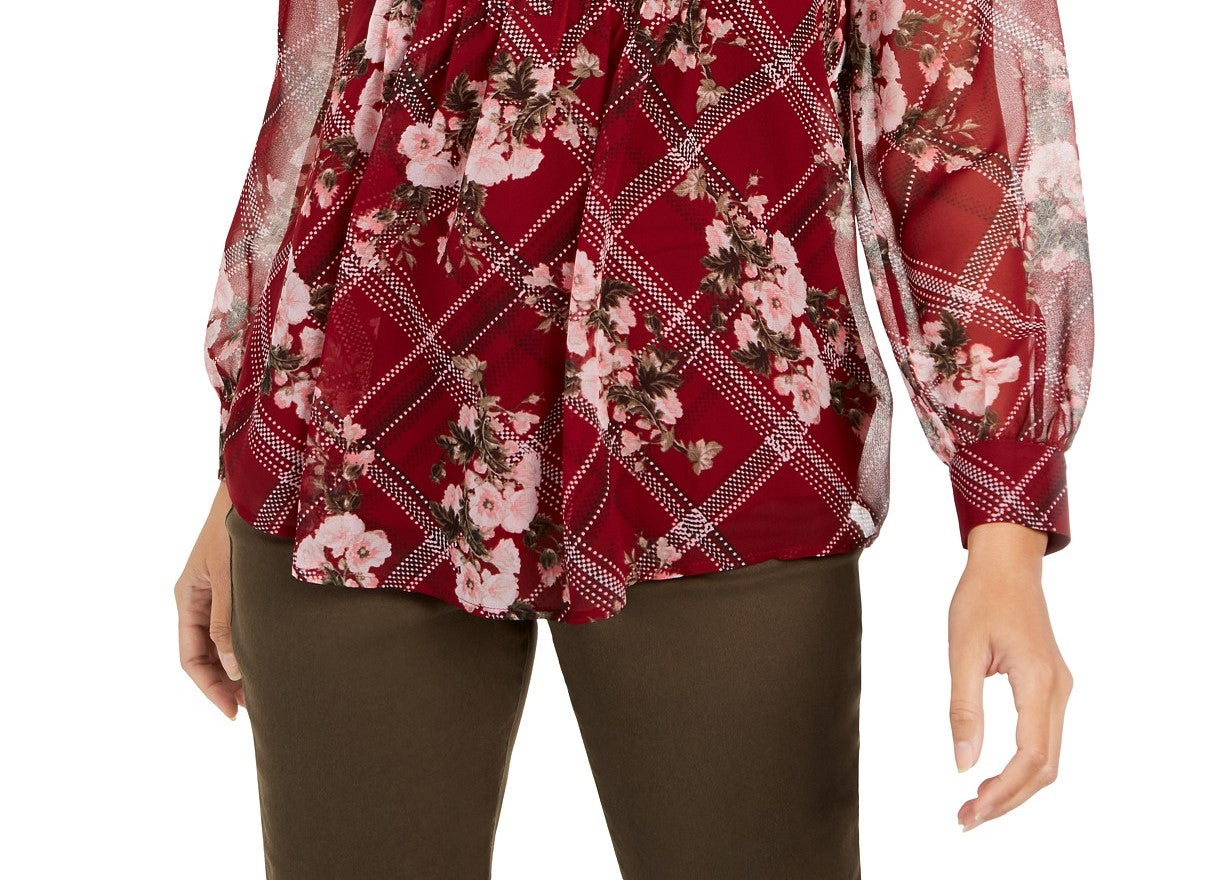 Charter Club Women's Printed Split-Neck Top Wine Size Small