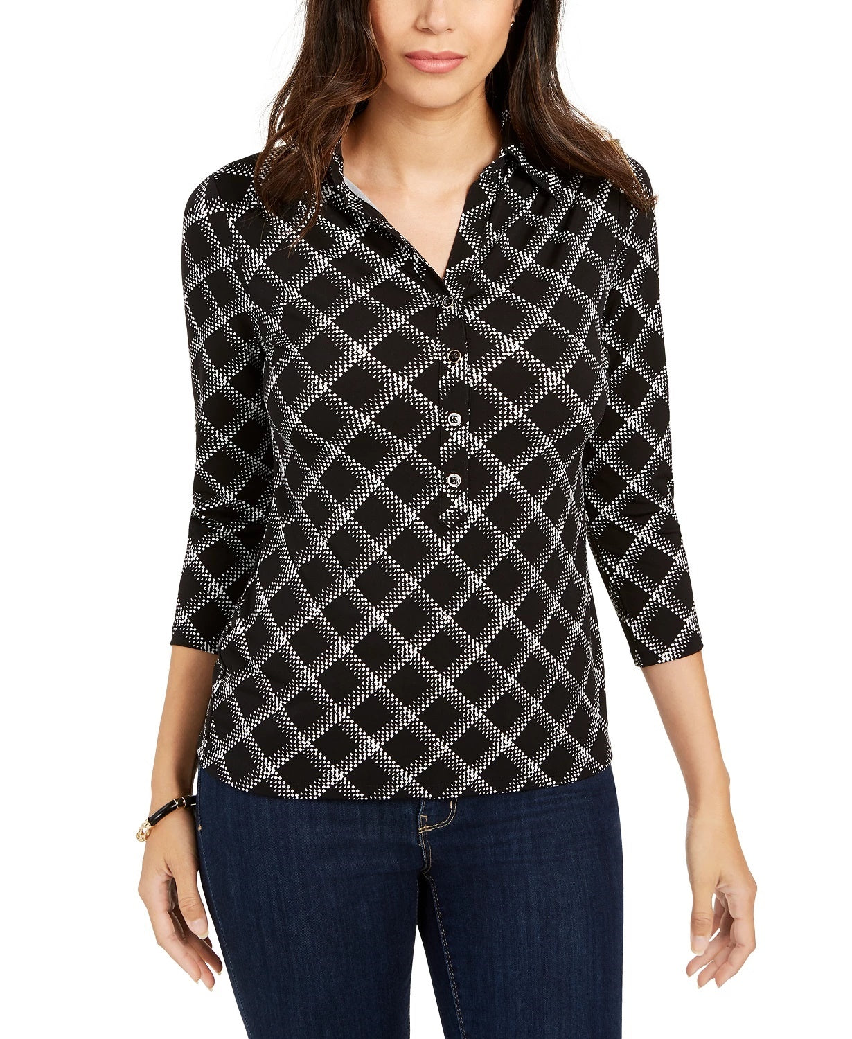 Charter Club Women's Plaid Polo Shirt Black Size Large