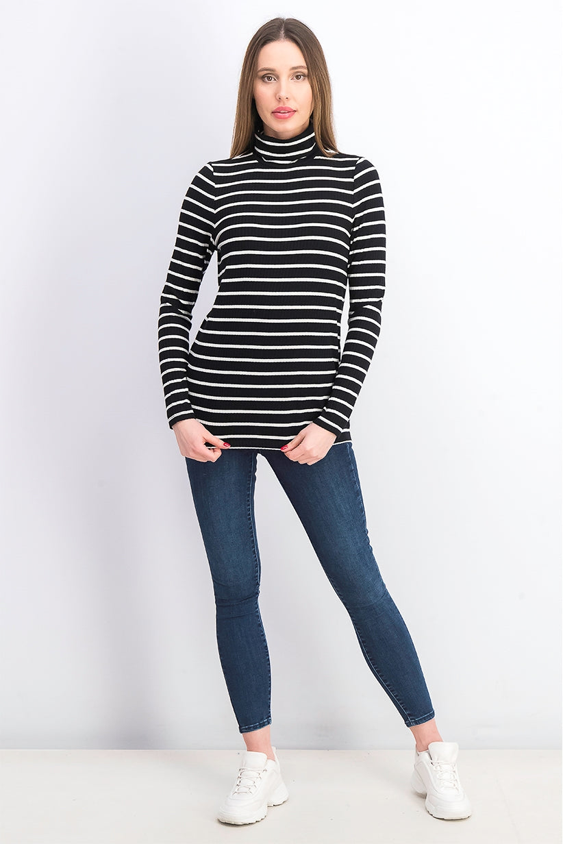 Charter Club Women's Striped Turtleneck Top Black Size Extra Large