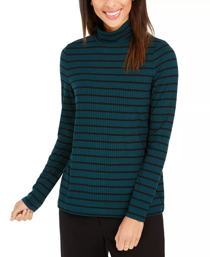 Charter Club Women's Striped Turtleneck Top Dark Green Size X-Large