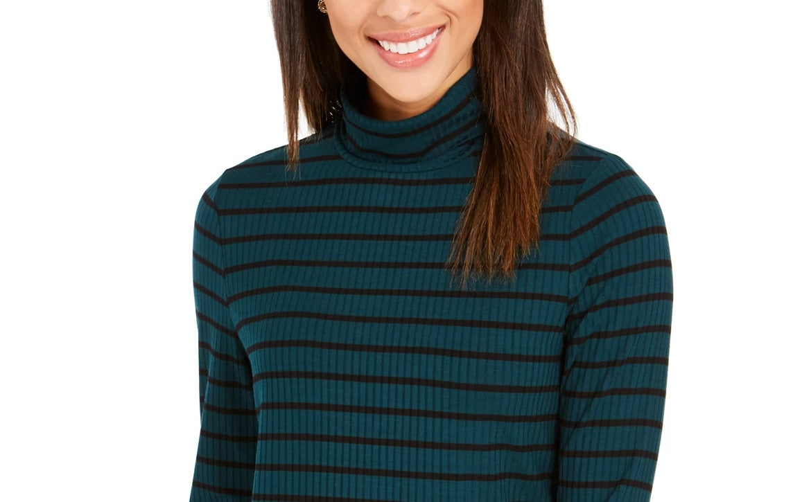 Charter Club Women's Striped Turtleneck Top Dark Green Size X-Large
