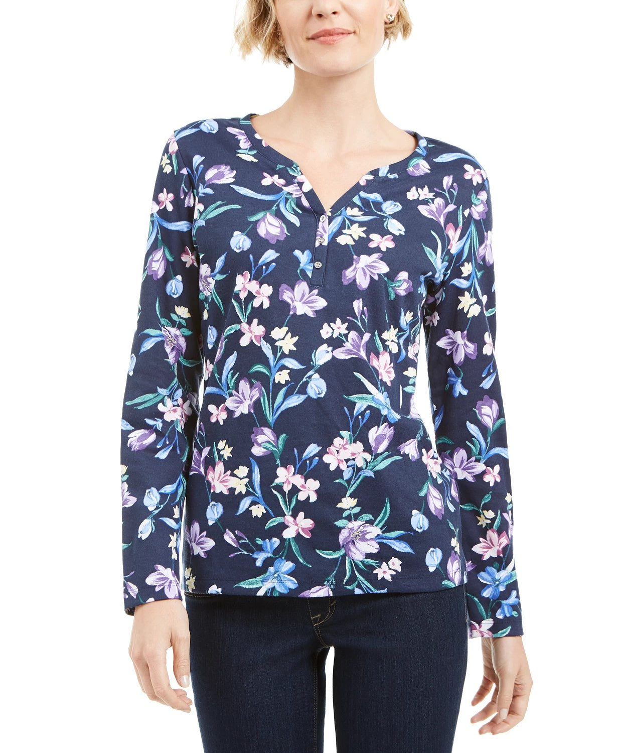 Karen Scott Women's Floral Print Henley Top Navy Size Small