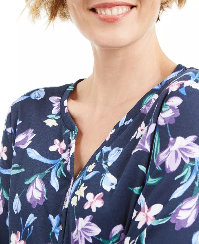 Karen Scott Women's Floral Print Henley Top Navy Size Medium