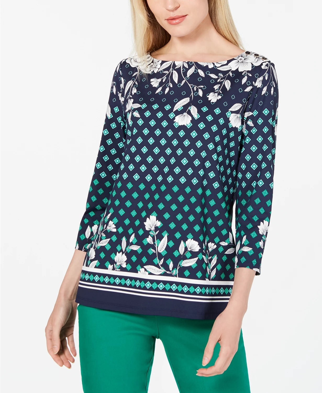 Charter Club Women's Printed Boat-Neck Top Blue Size XX-Large