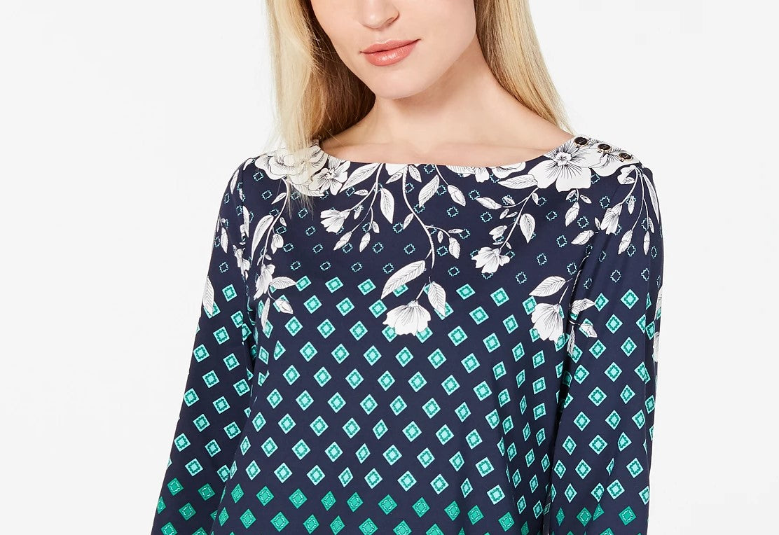 Charter Club Women's Printed Boat-Neck Top Blue Size XX-Large