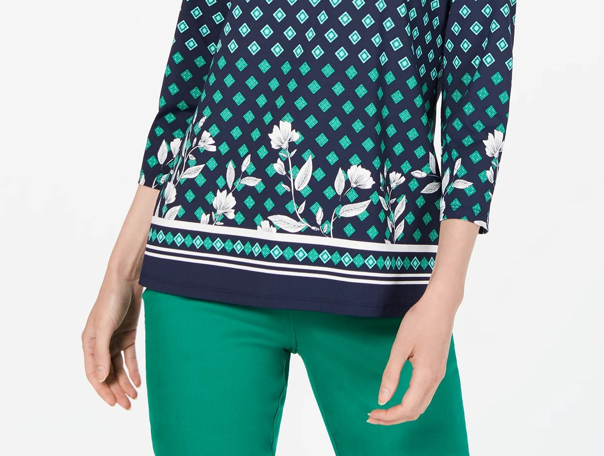 Charter Club Women's Printed Boat-Neck Top Blue Size XX-Large