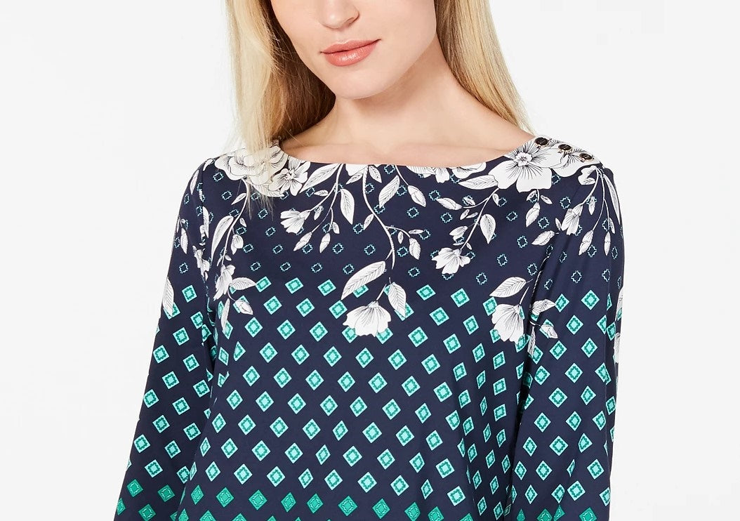 Charter Club Women's Printed Boat-Neck Top Blue Size Medium