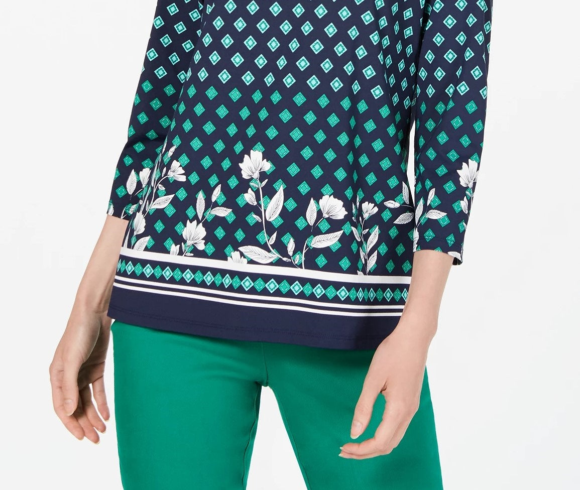 Charter Club Women's Printed Boat-Neck Top Blue Size Medium