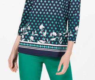 Charter Club Women's Printed Boat-Neck Top Blue Size Medium