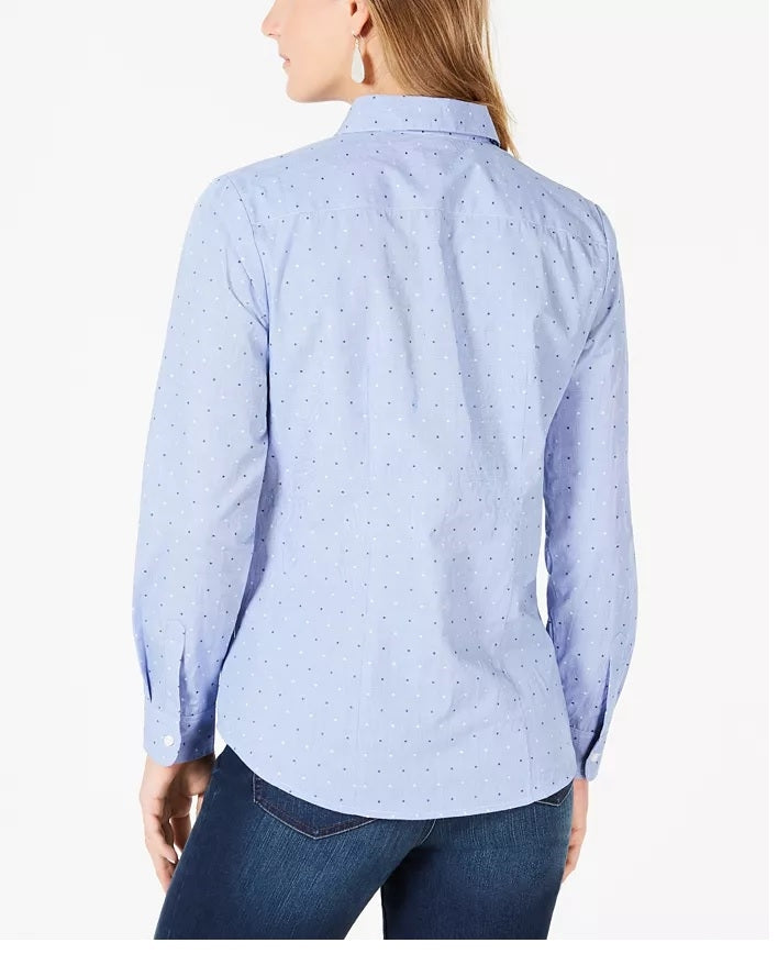 Charter Club Women's Cotton Printed Button-Front Top Turq/Aqua Size 8