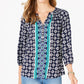 Charter Club Women's Printed Split Neck 3/4 Sleeve Top Blue Size X-Small