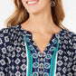 Charter Club Women's Printed Split Neck 3/4 Sleeve Top Blue Size X-Small