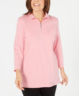 Karen Scott Women's Cotton Half-Zip Mock-Neck Top Dark Pink Size Small