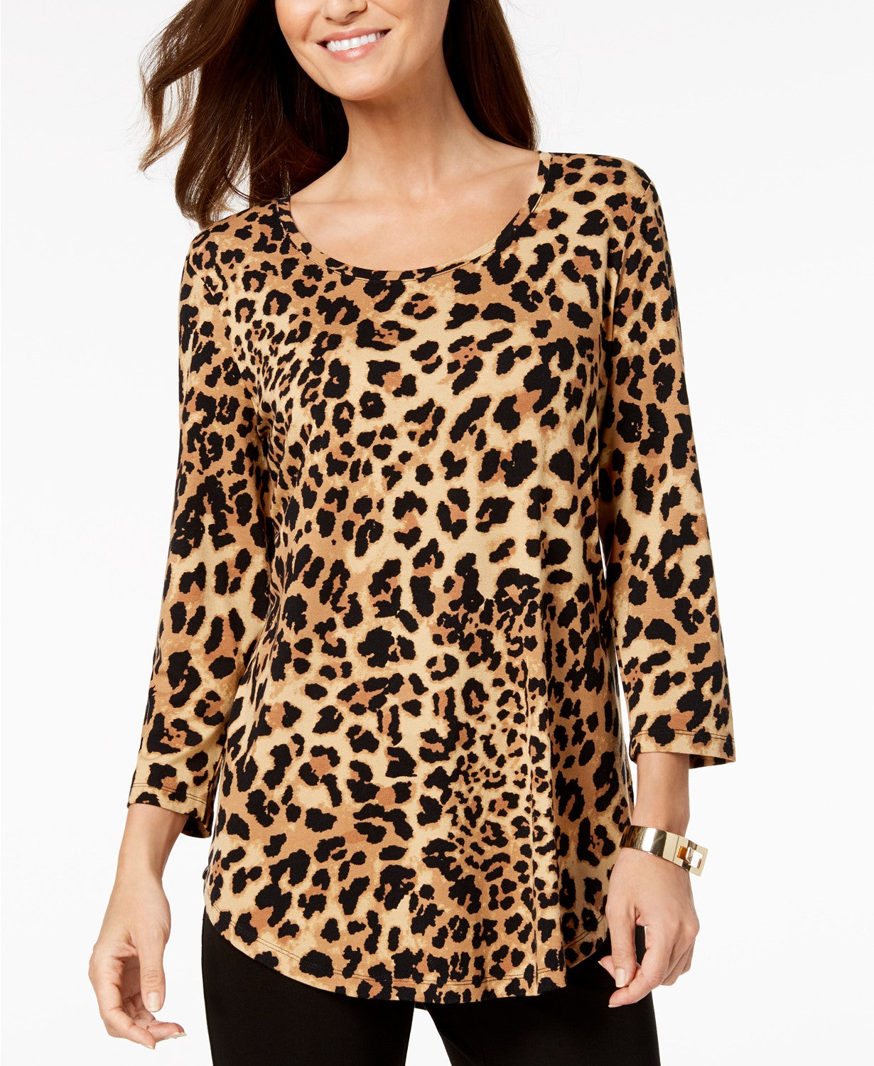 JM Collection Women's 3/4-Sleeve Printed Top Brown Size Medium
